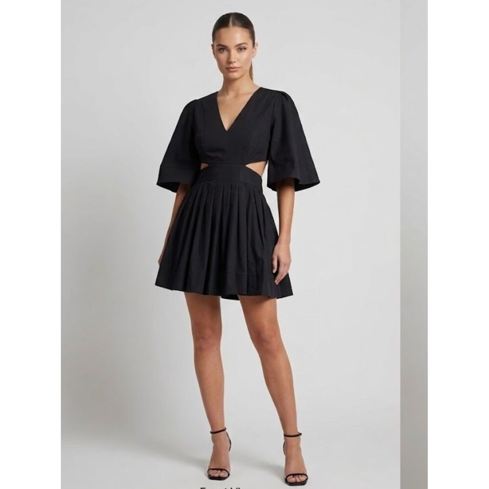 MABEL Elegant Black V-Neck Pleated Waist Mini Dress Sz M Contemporary Cool Chic